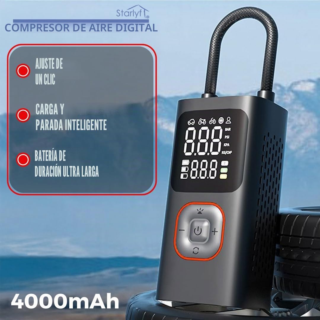 STARLYF Compresor de Aire Portátil, Inflador de Ruedas Inalámbrico, Recargable, 150 PSI de Potencia, Apagado Automático, Luz Incorporada, Bomba de Aire Multiuso - Garantía Oficial