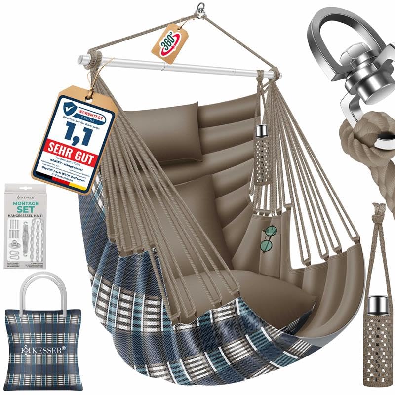 KESSER® Hängesessel Haiti 150kg Traglast, Hängestuhl 360° Drehung, Hängeschaukel Indoor-Outdoor UV-beständig & Wasserfest, Pflegeleicht, Inkl. 2 Kissen, Tragetasche, Flaschenhalter & Montage-Set