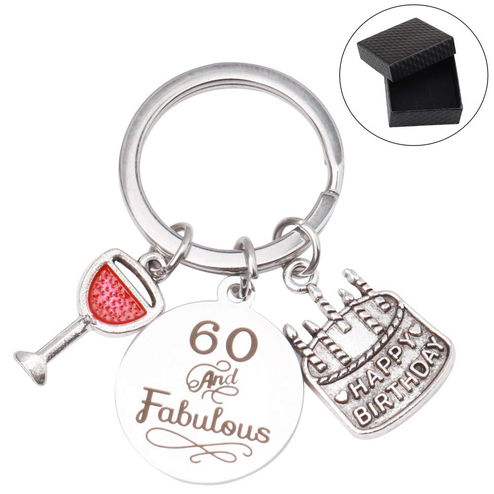 60th Birthday Keyring Keychain Gifts Presents with Black Jewelry Box for Women Men Wedding Anniversary or Birthday (60th)