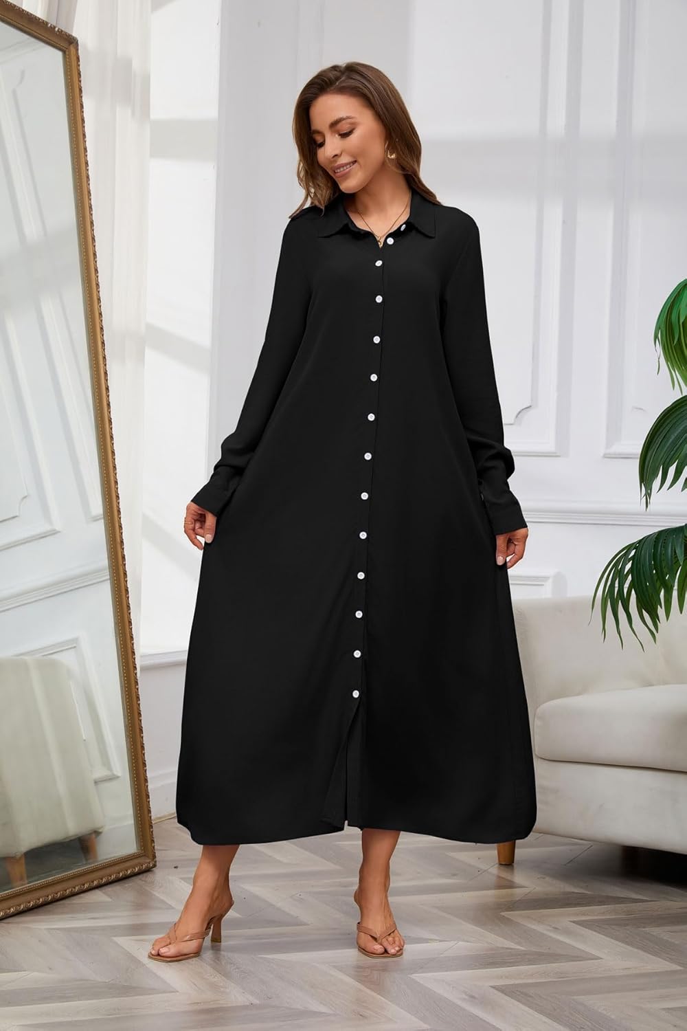 chouyatou Women's Casual Button Down Maxi Shirt Dress Long Sleeve Button Up Tunic Long Dress - Image 2