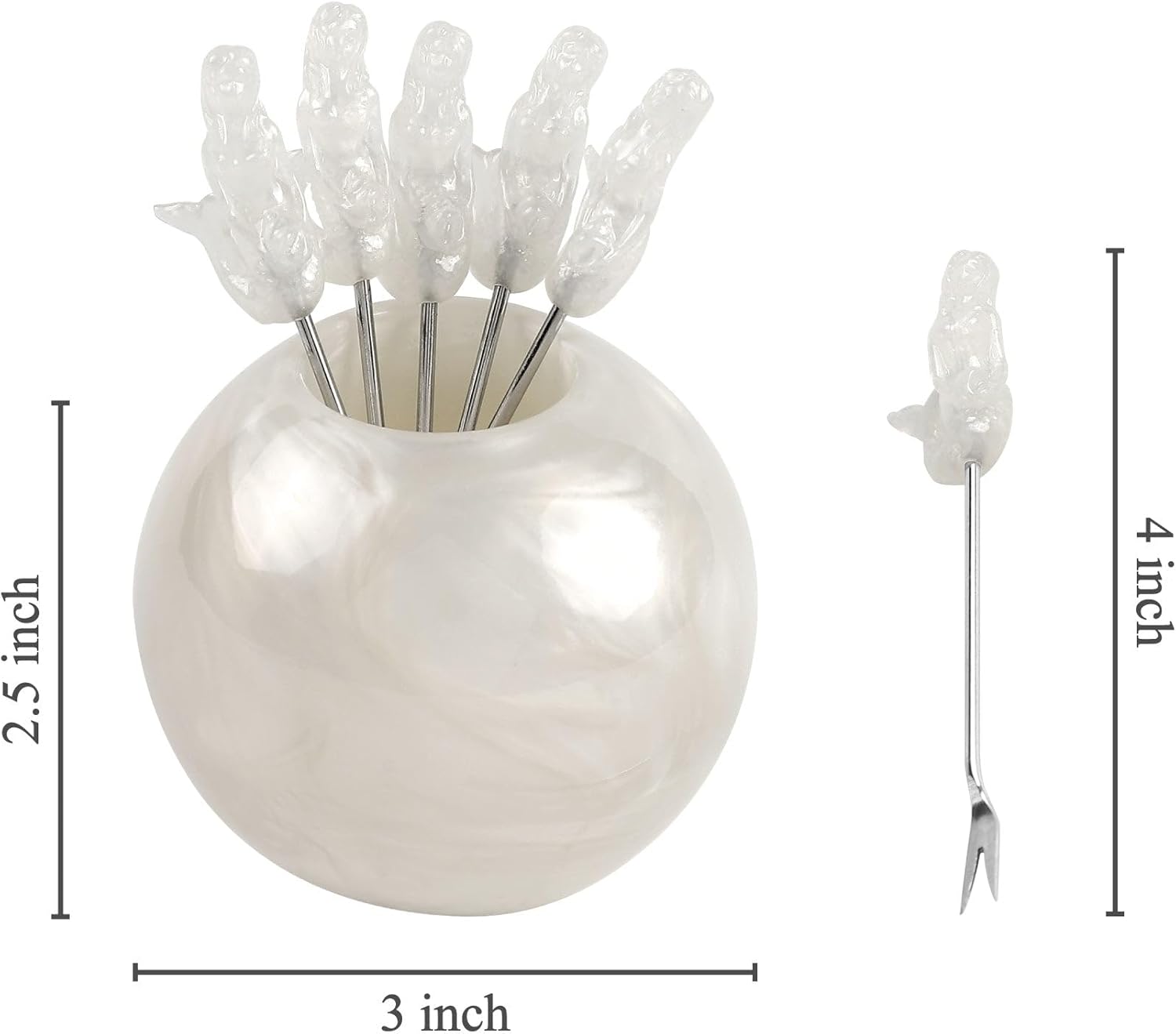 7 PCS Mermaid Cocktail Picks Set with Pearl Holder, Reusable Appetizer Forks for Cheese, Fruit, Snacks, Party or Bar Use, Polyresin Holder and 6 Pack Stainless Steel Picks