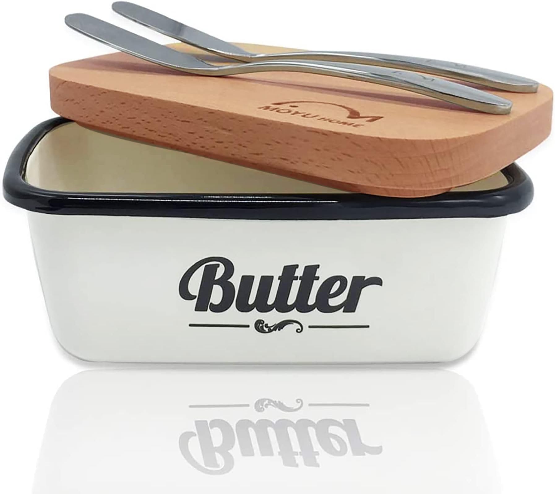 Moyu Home Large Butter Dish ,Butter Keeper with lid for countertop,Unbreakable Metal Container with Set of 2 Beech Wooden Lids and 2 Steel Knives,White