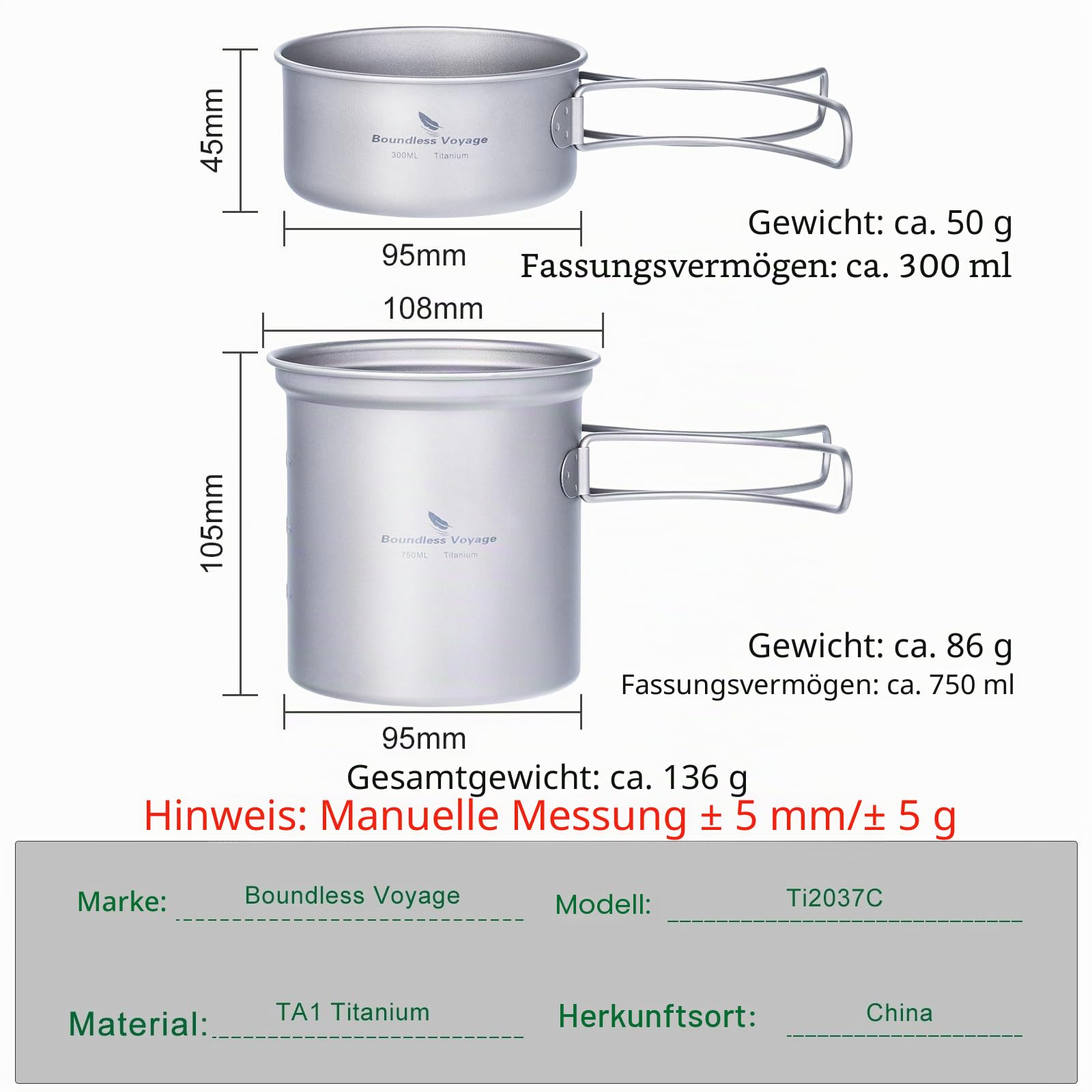 iBasingo Titan Töpf Pfanne Set Camping Kochgeschirr Leichte Outdoor Schüssel Set Koch Mess Kit mit Klappgriff Küchen Utensilien für den Außenbereich 2 Stücke/Set