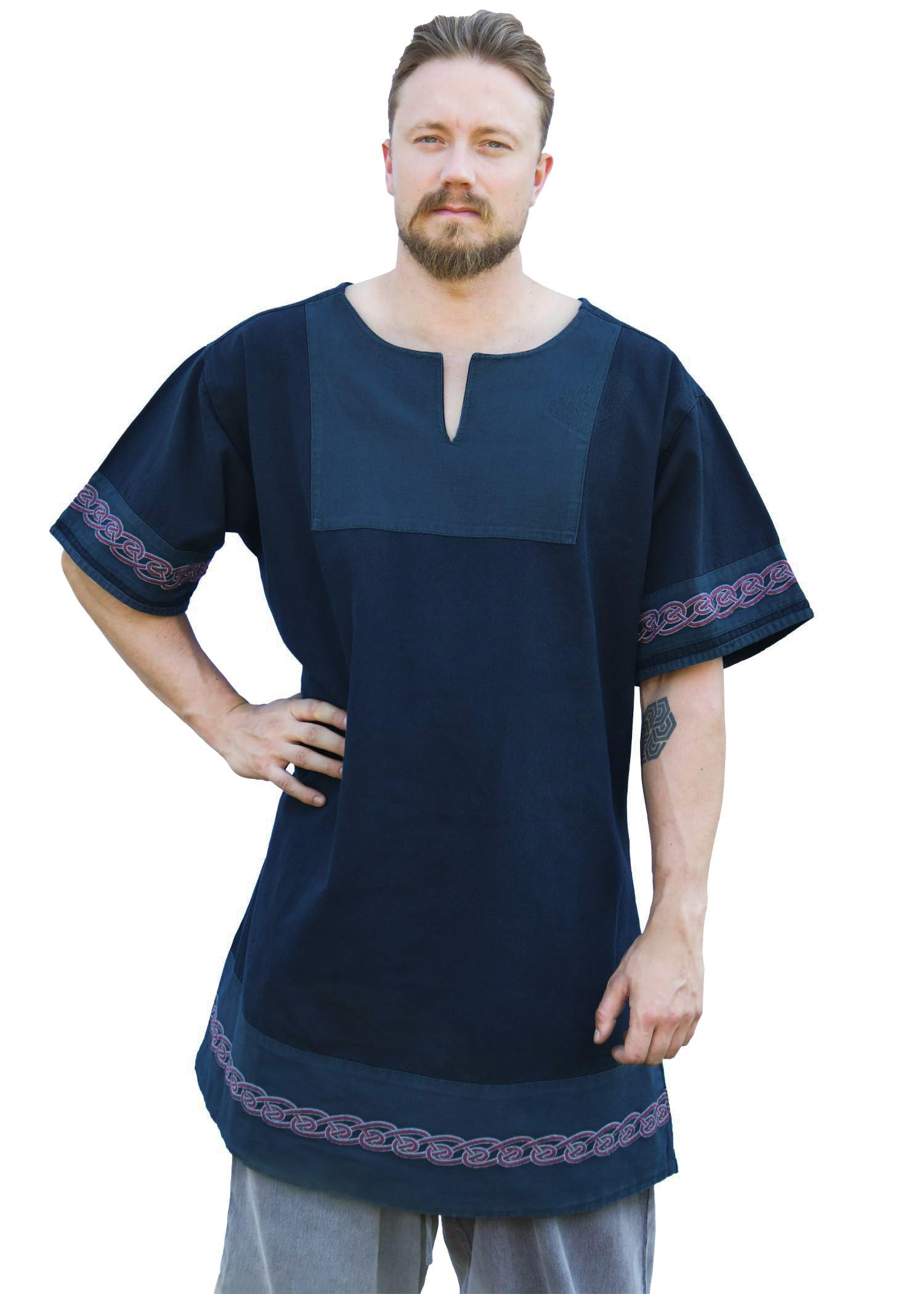 Battle-Merchant Wikinger Tunika Egil, Used-Look, Herren | Mittelalter Hemd, mit Stickerei, Kurzarm, Baumwolle, für Reenactment, LARP & Fantasy Cosplay