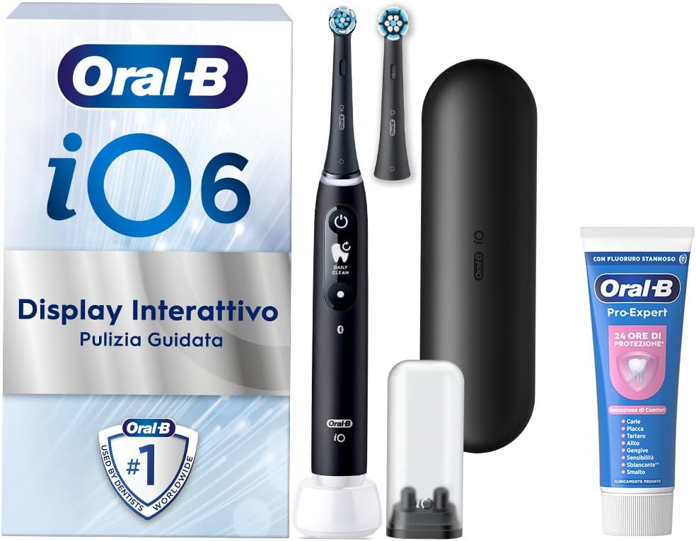 Oral-B Spazzolino Elettrico Ricaricabile iO 6N Nero, 1 Spazzolino Elettrico, 2 Testine Di Ricambio, Custodia Da Viaggio + 1 Dentifricio Oral-B Pro Expert Sensibilità, Pulizia Denti Efficace