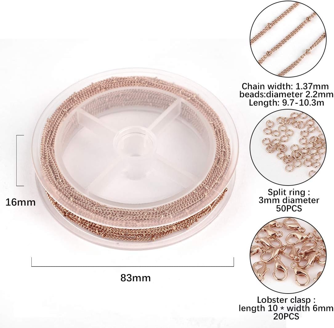 OBSEDE 33 Feet Necklace Chain for Jewelry Making, Spacer Peas Chains Link with 20 Lobster Clasps and 50 Jump Rings, Rose Gold Color