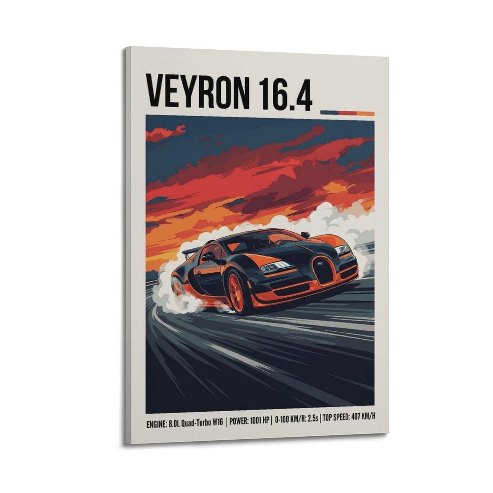 XKUGA Supercar Poster W16 Engine Veyron 16.4 Racing Modern Decorative Canvas Prints - Ideal Wall Art for Family, Man Cave, Game Room, Boys & Girls Bedroom 24x36inch(60x90cm)