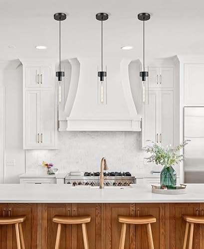 Miniatura 7 de Paquete de 3 luces colgantes negras para isla de cocina (bombillas incluidas), lámpara colgante de cristal moderna ajustable sobre la isla, lámparas