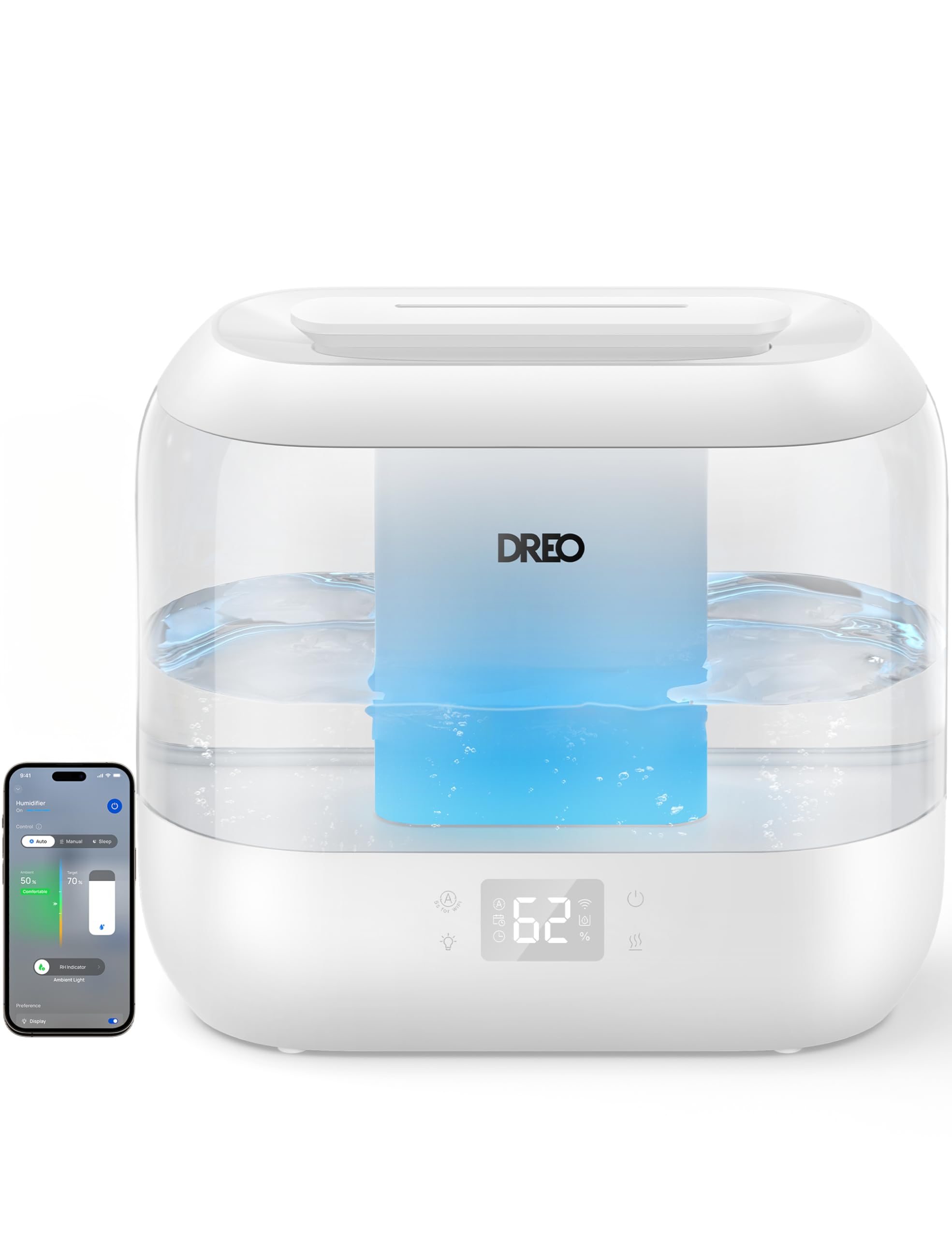 Dreo Umidificatori intelligenti da 4 litri per camera da letto, umidificatore a ultrasuoni silenzioso di grandi dimensioni con diffusore e luce notturna, durata di 32 ore per casa, interni, vivaio,