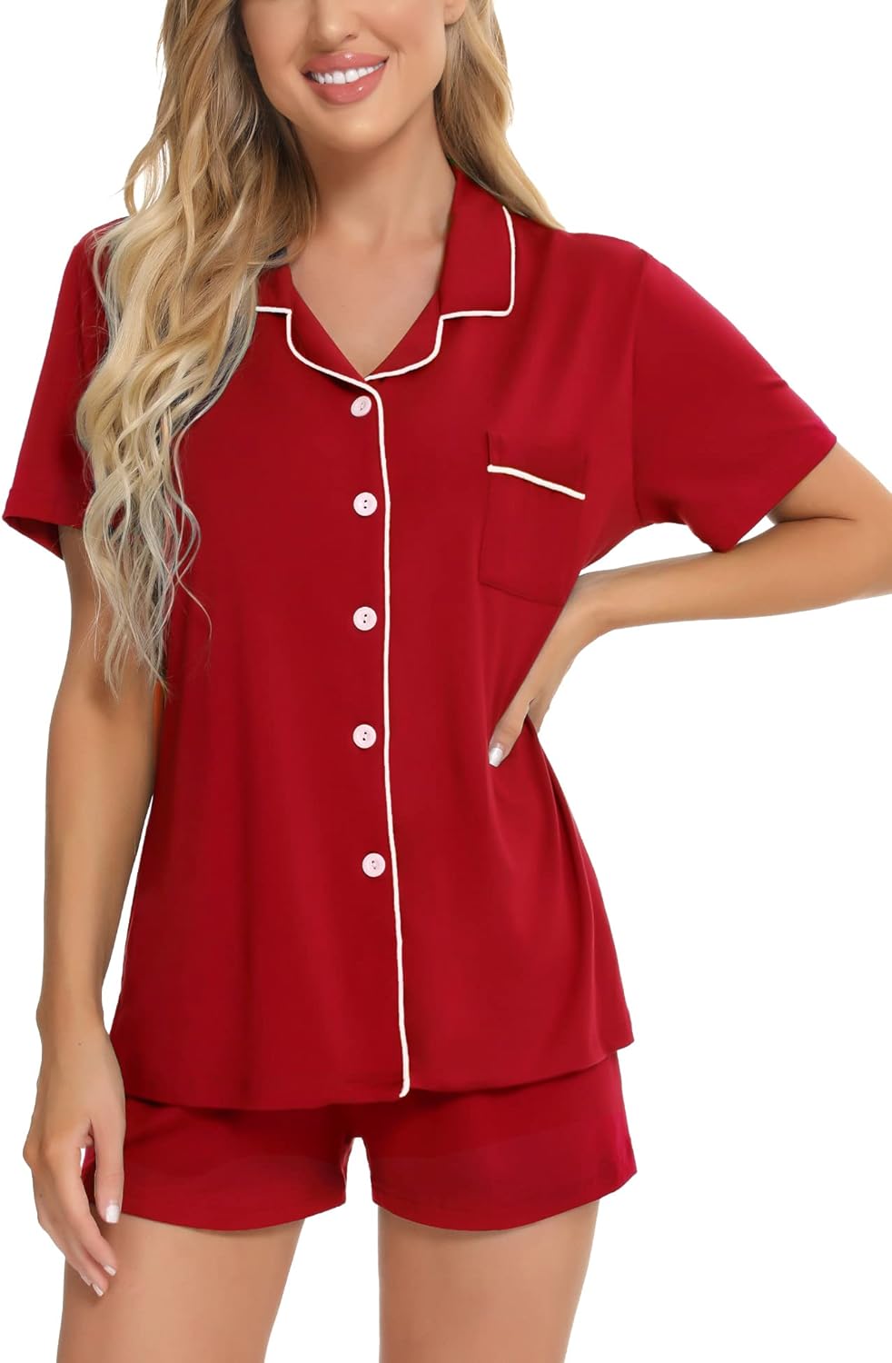 SWOMOG Womens Button Down Pajamas Set Short Sleeve Sleepwear Bride Soft Pj Lounge Sets XS-3XL - Image 3