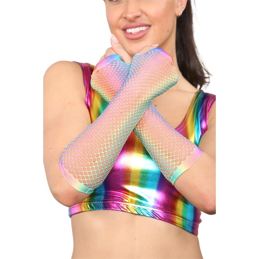 FNA FASHIONS Ladies Fishnet Long & Short Finger less Gloves Fancy Dress Party Accessory (Rainbow, Long Fishnet Gloves)