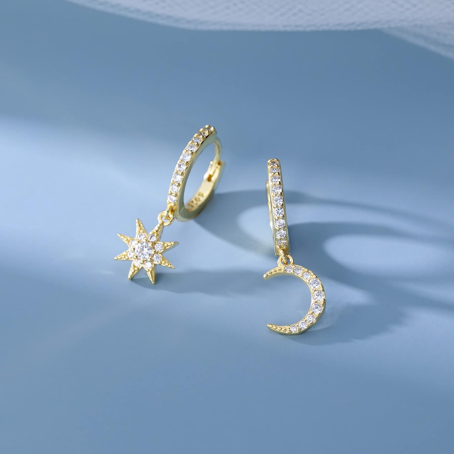 SLUYNZ 925 Sterling Silver Sparkling CZ Star Moon Small Hoop Earrings for Women Teens Asymmetric Star Moon Huggie Earrings