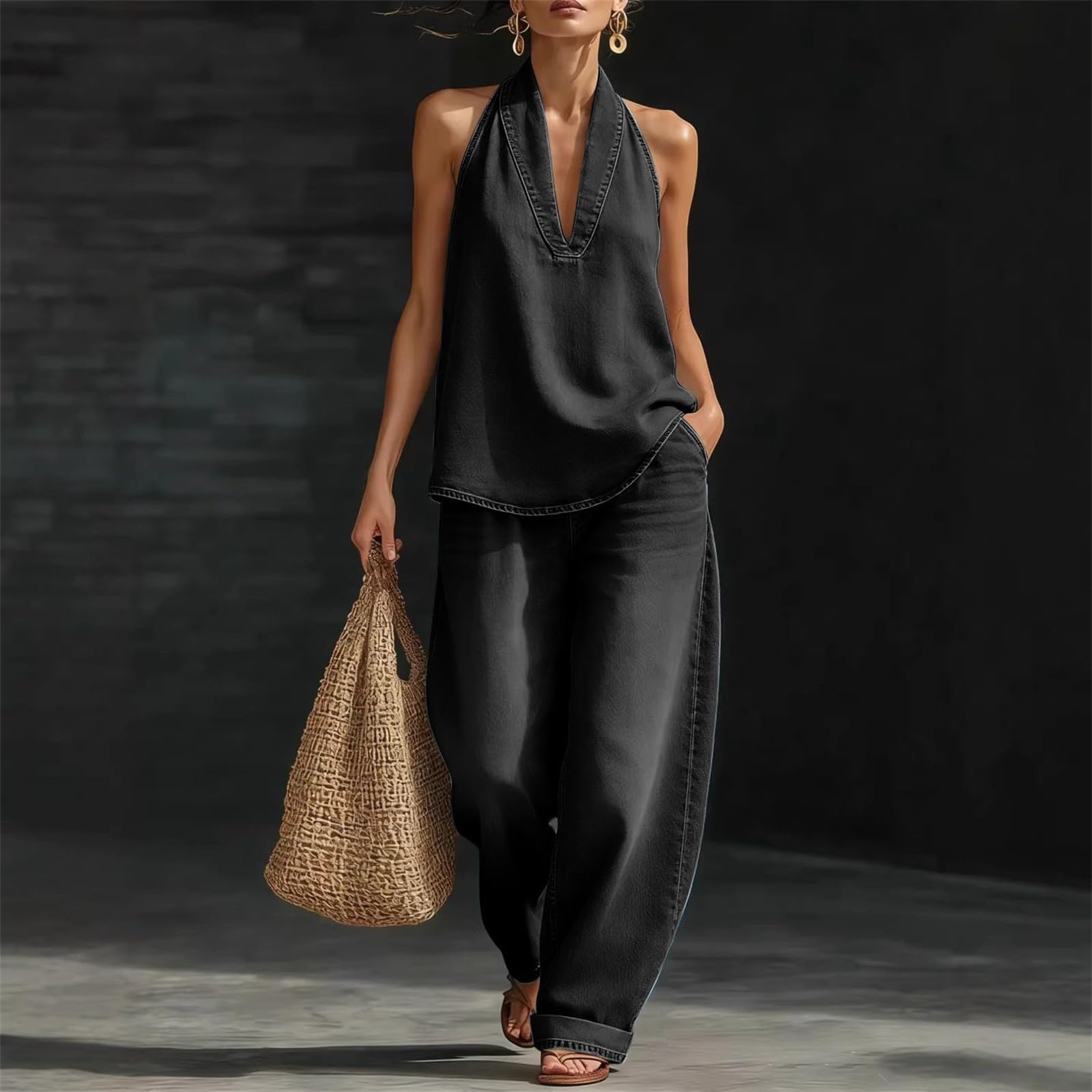 Tuta estiva da donna, due pezzi, allacciatura al collo, scollo a V, top in jeans, pantaloni larghi con risvolto, colletto con bottoni, set vintage estetico, elegante abbigliamento da salotto