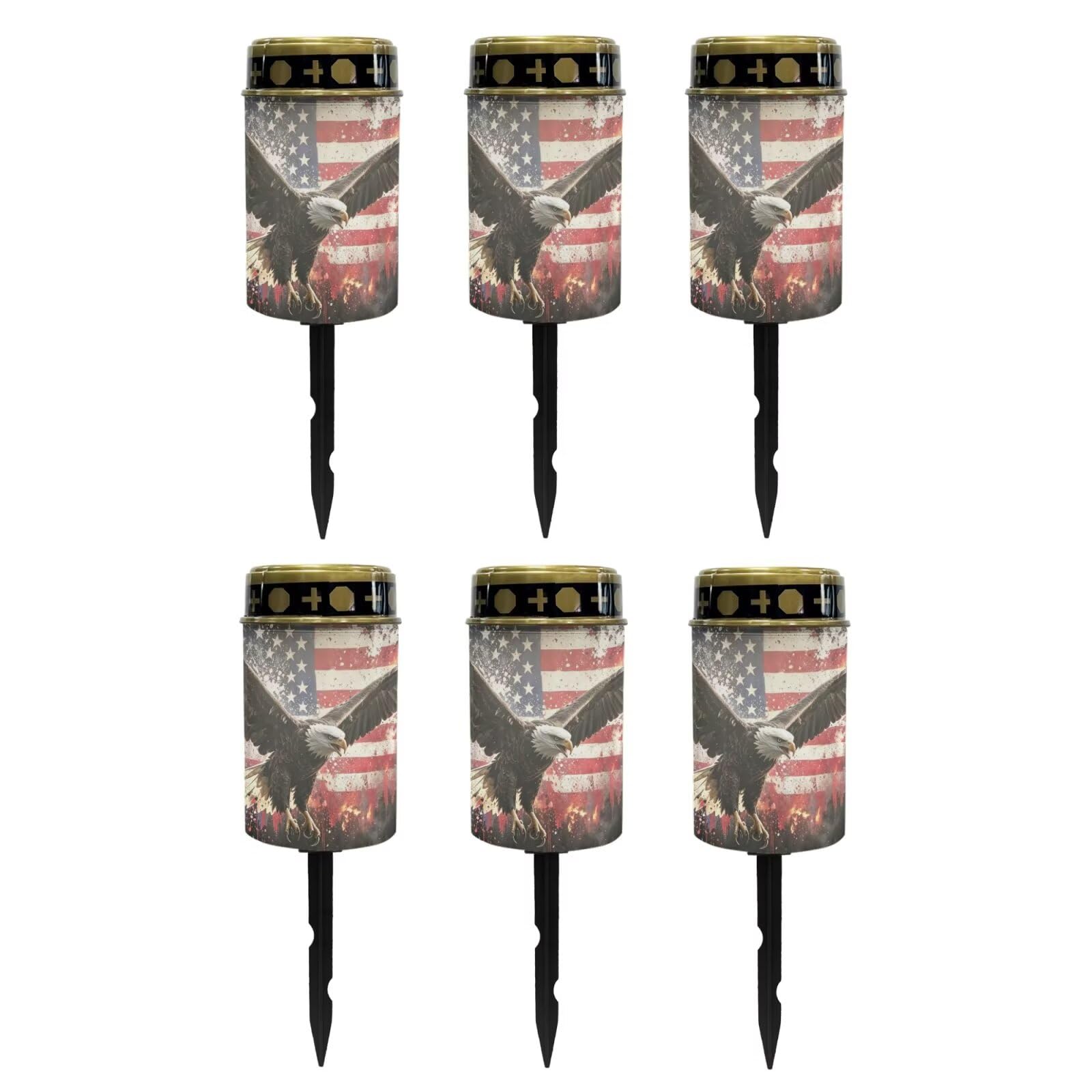 Poceacles Solar Lights Outdoor Waterproof Cemetery Candles Solar Powered Grave Outdoor Decorative Walkway Lights for Lawn Garden Pathway Decor, Eagle American Flag Patriotic Print, Pack of 6
