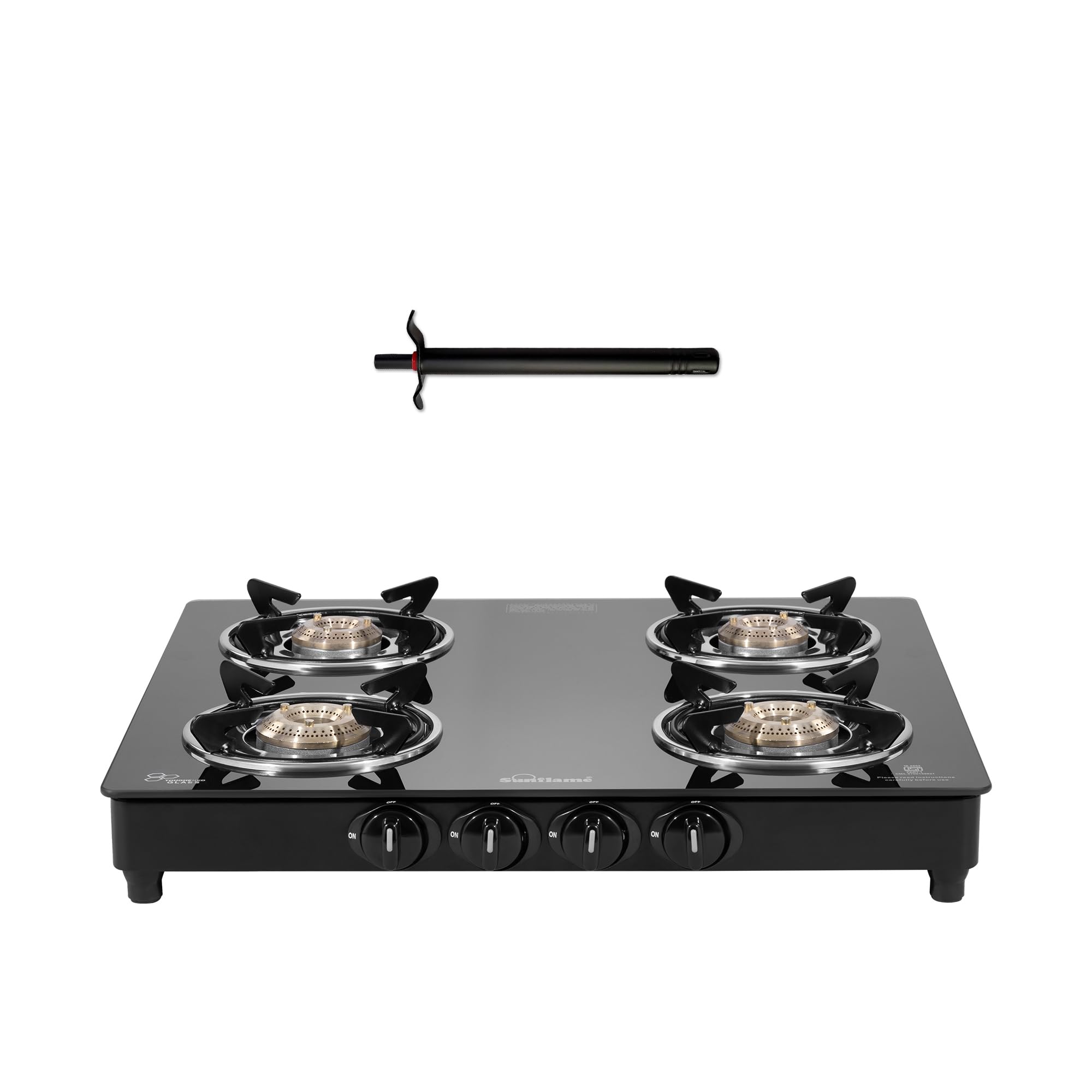 Sunflame Maleo 4 Burner Gas Stove | Space Saving Design | Complimentary Lighter | 2 Medium & 2 Small Brass Burners | 2 Year Product Coverage | Toughened Glass Top | Pan India Presence (B0D11BF7BF) Amazon Price History, Amazon Price Tracker