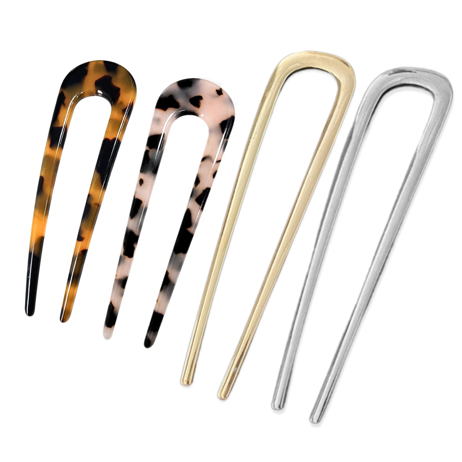 KEYRI 4 Stück French Hair Pins U-förmige Haarnadeln French Twist Pins Zarte Haar-Accessoires Gold und Silber Haarspangen Dunkle und Helle Schildpatt Spangen für Frauen und Mädchen (Metall und Acetat)