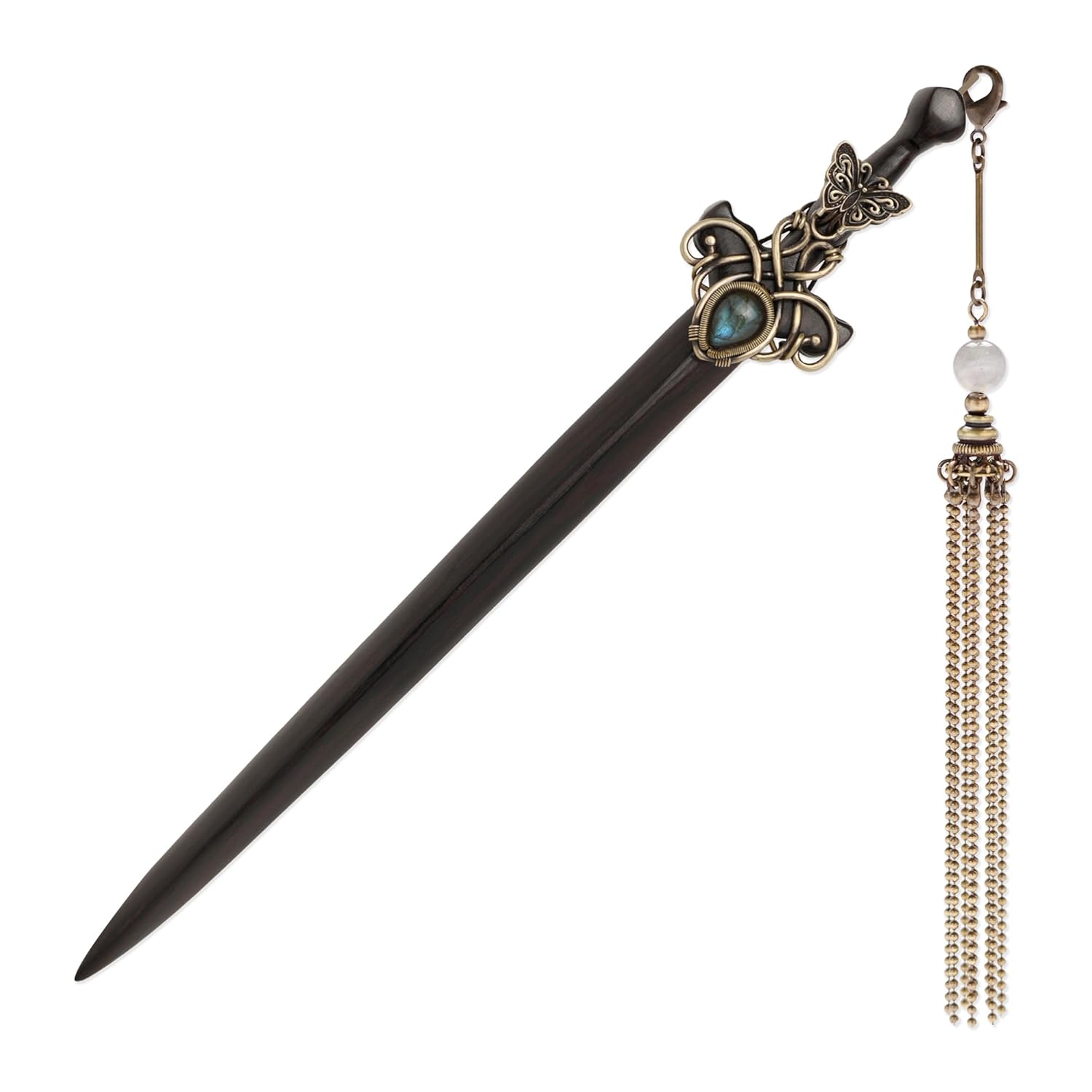 Sword Antique Brass Wire Wrapped Labradorite Ebony Hair Sticks for Buns (Hair Stick & Tassel)