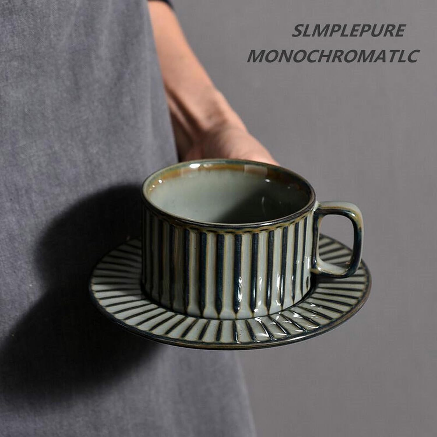 Vintage ceramic cup and saucer set - creative afternoon tea coffee cup - cement gray + saucer