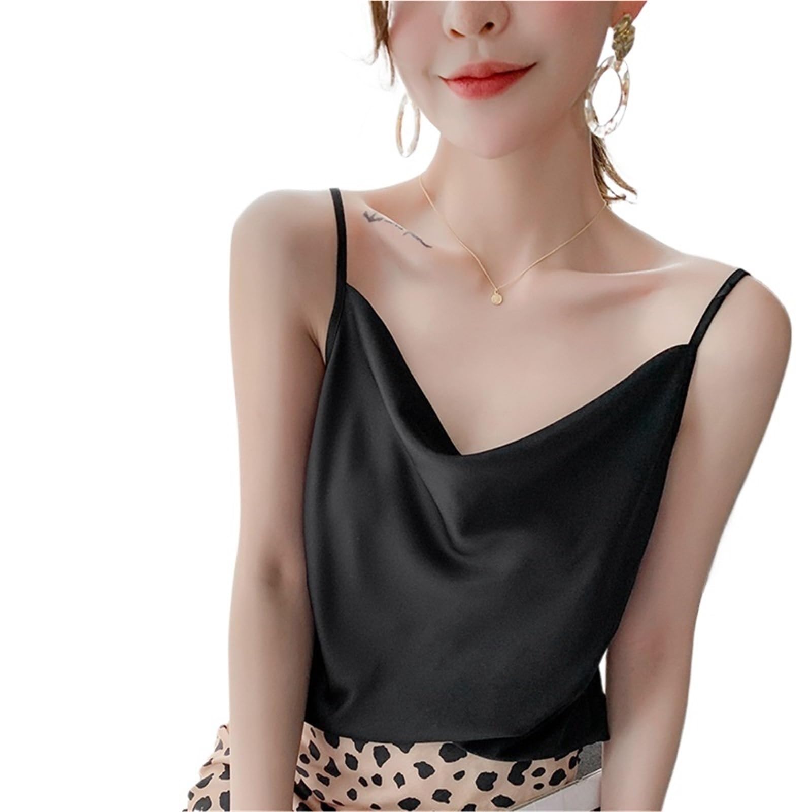 Top de Camisola de Seda Camisola de satén con Escote en V y Cuello Ondulado for Mujer, sin Mangas, Temperamento Interior, for Primavera Verano para IR al Trabajo