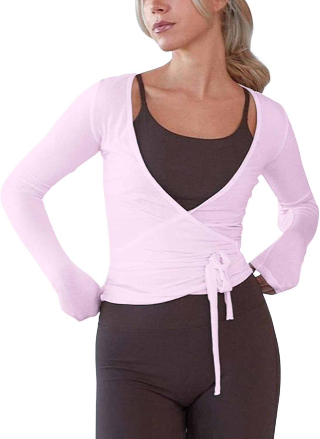 Womens Pilates Wrap Tie Top Y2k Slim Fit Long Sleeve Ballet Workout Top Yoga Cover Up Shirt Casual Outfit