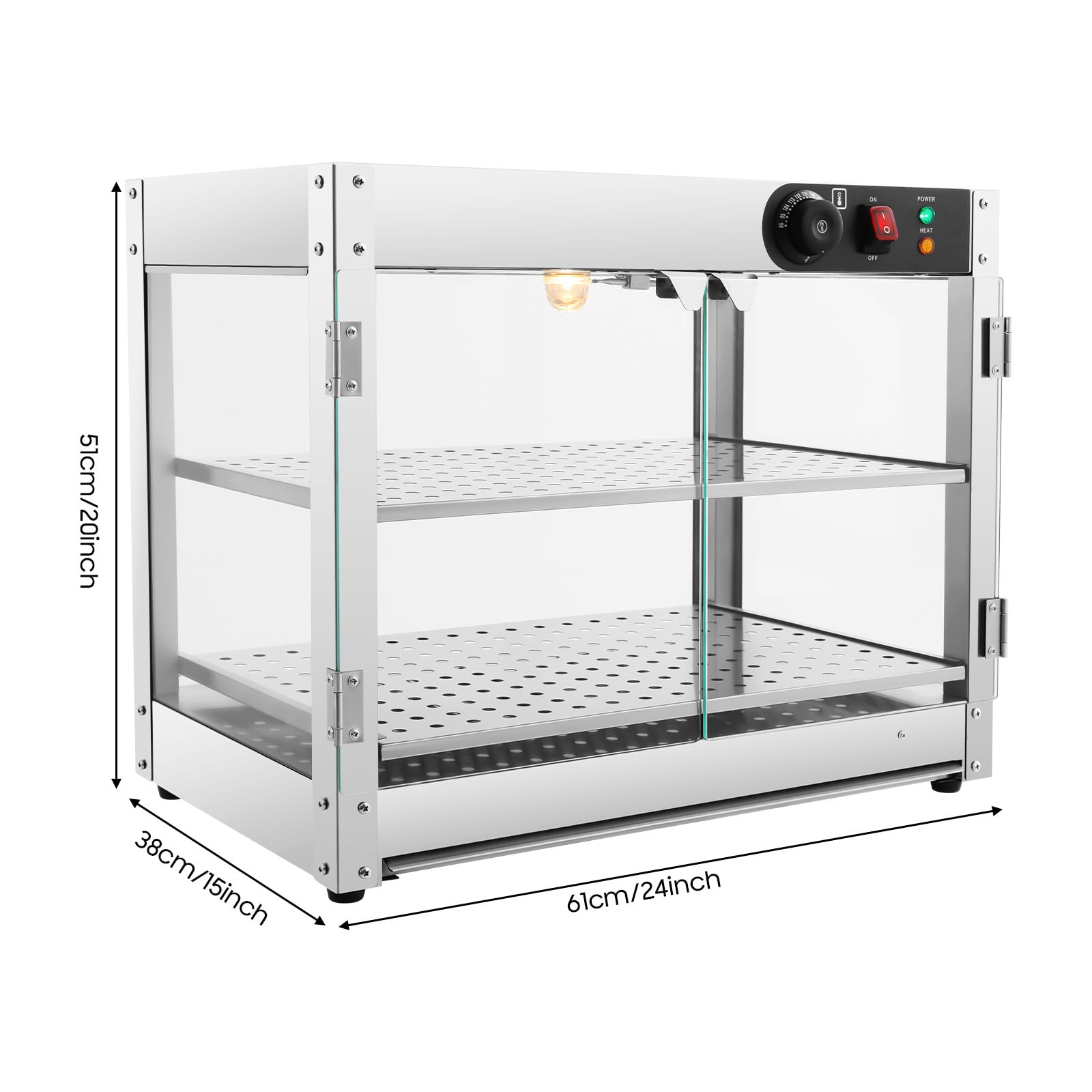 Vetrina calda, scaldavivande elettrica in acciaio inox 201, 2 ripiani da 800 W, portata di calore 30 ~ 85 °C, ripiano 50 x 30 cm, distanza tra i livelli 14 cm