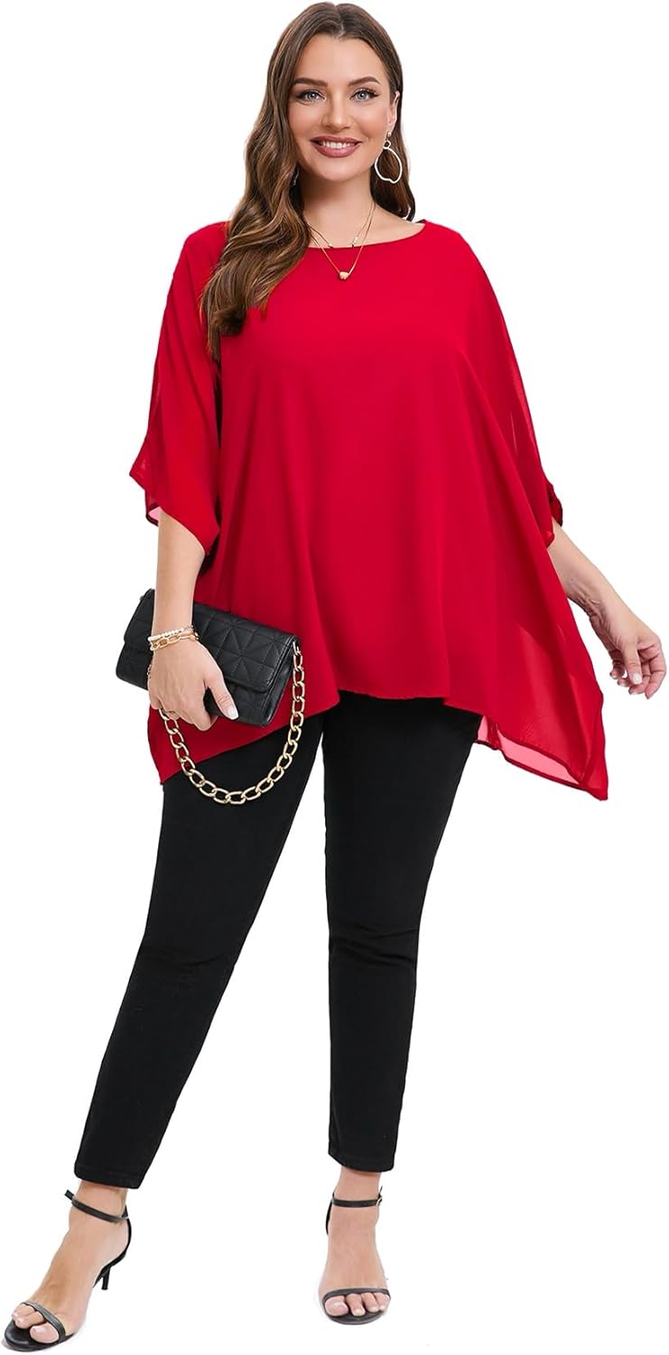 Womens 3/4 Batwing Sleeve Plus Size Elegant Summer Cape Blouse Scoop Neck Oversized Long Casual Tunic Tops Shirts - Image 2