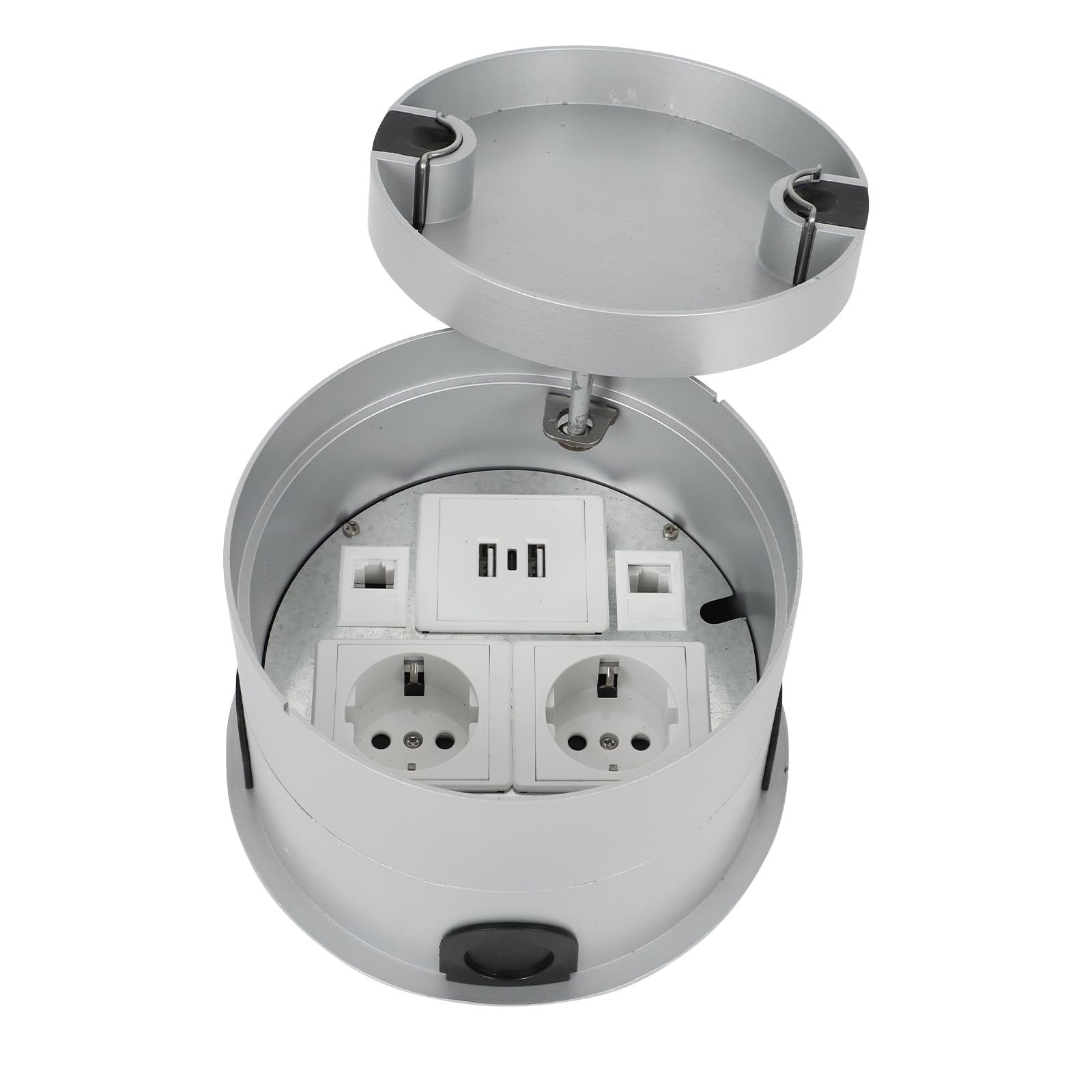 Presa da incasso in acciaio inox rotonda con copertura, presa da incasso a terra con 2 Schuko, 1 porta USB-A, 1 porta USB-C, 1 tipo C, 2 CTE6 per casa, hotel, scuola, ufficio, rete