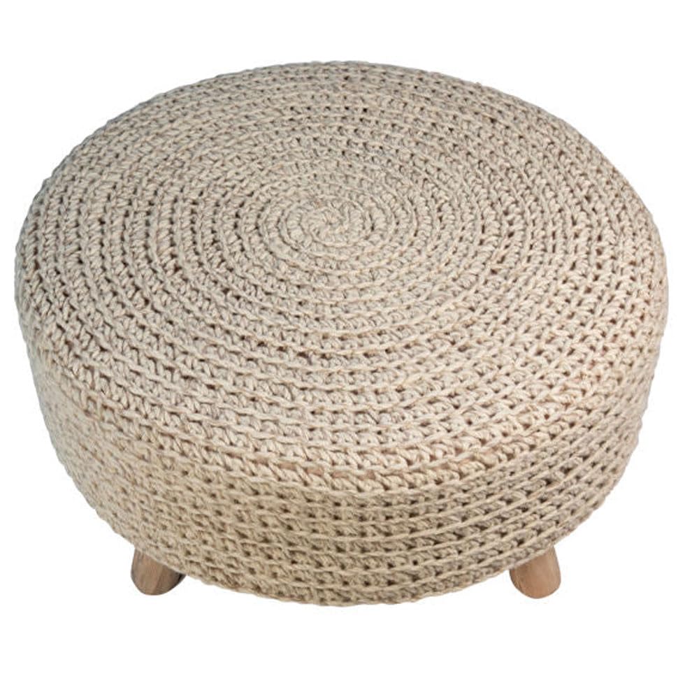 Pouf Sgabello Basso In Tessuto Macramè | Poggiapiedi Imbottito, Gambe In Legno, Diametro 50 Cm, Per Soggiorno, Camera E Arredo