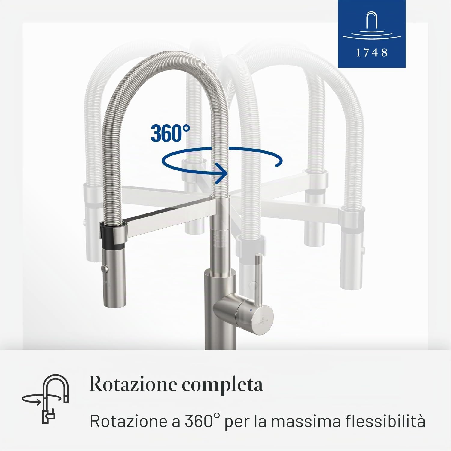 Villeroy & Boch Steel Expert 2.0 miscelatore cucina, 170 mm – Acciaio Inox | Funzione di commutazione, bocca girevole a 360° con molla a spirale, getto laminare, alta pressione, 928000LC