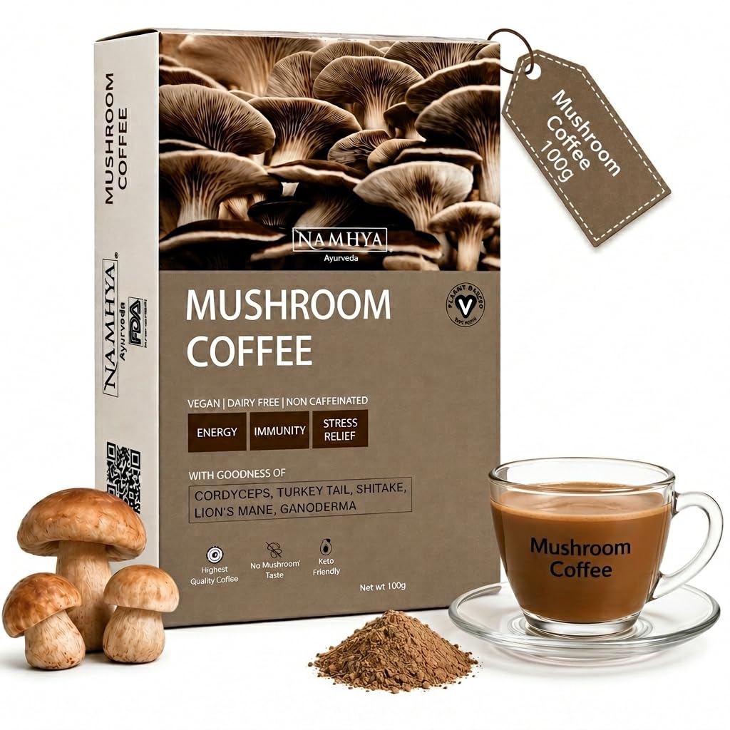 Namhya Mushroom Coffee with Cordyceps, Turkey Tail, 17 servings | Lion's Mane Mushroom for Cognitive -enhancing properties | Helps in focus & memory | 100 grams mushroom coffee-image-18