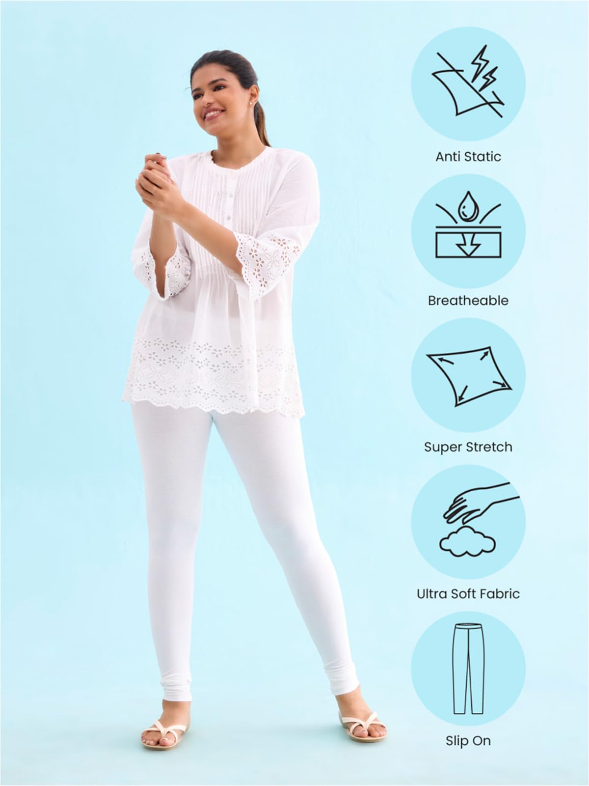GO COLORS Soft Cotton Stretch Churidar for Women | Breathable, Mid Rise, Full Length, White 4