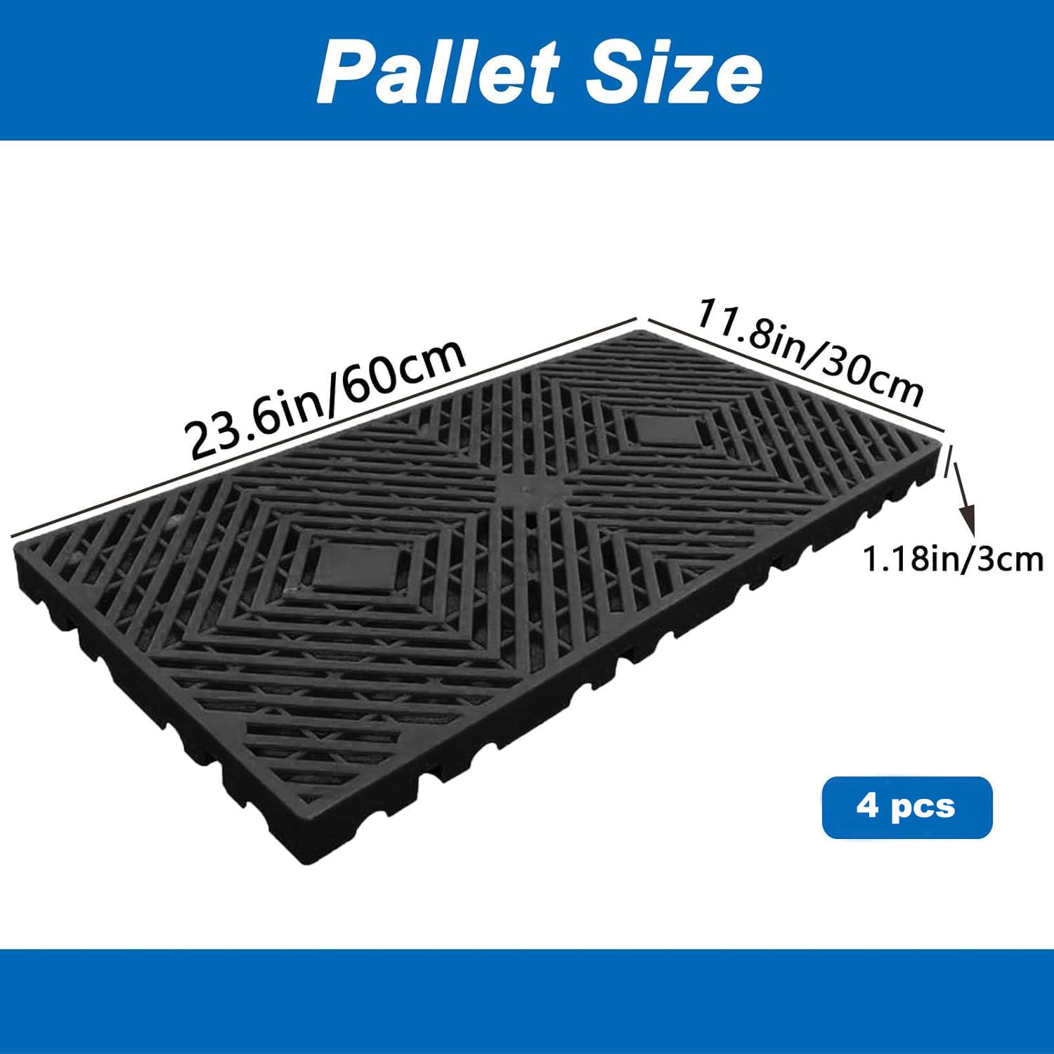 4 pezzi Pallet in plastica leggero, 60x30 cm Pallet resistente all'umidità con griglia di ventilazione, per garage, cucina, cantina