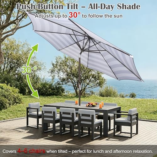 Image of Blissun 10FT Patio Umbrella, Outdoor Table Umbrella, Yard Umbrella, Market Umbrella with 8 Sturdy Ribs, Push Button Tilt and Crank, Black & White Stripe