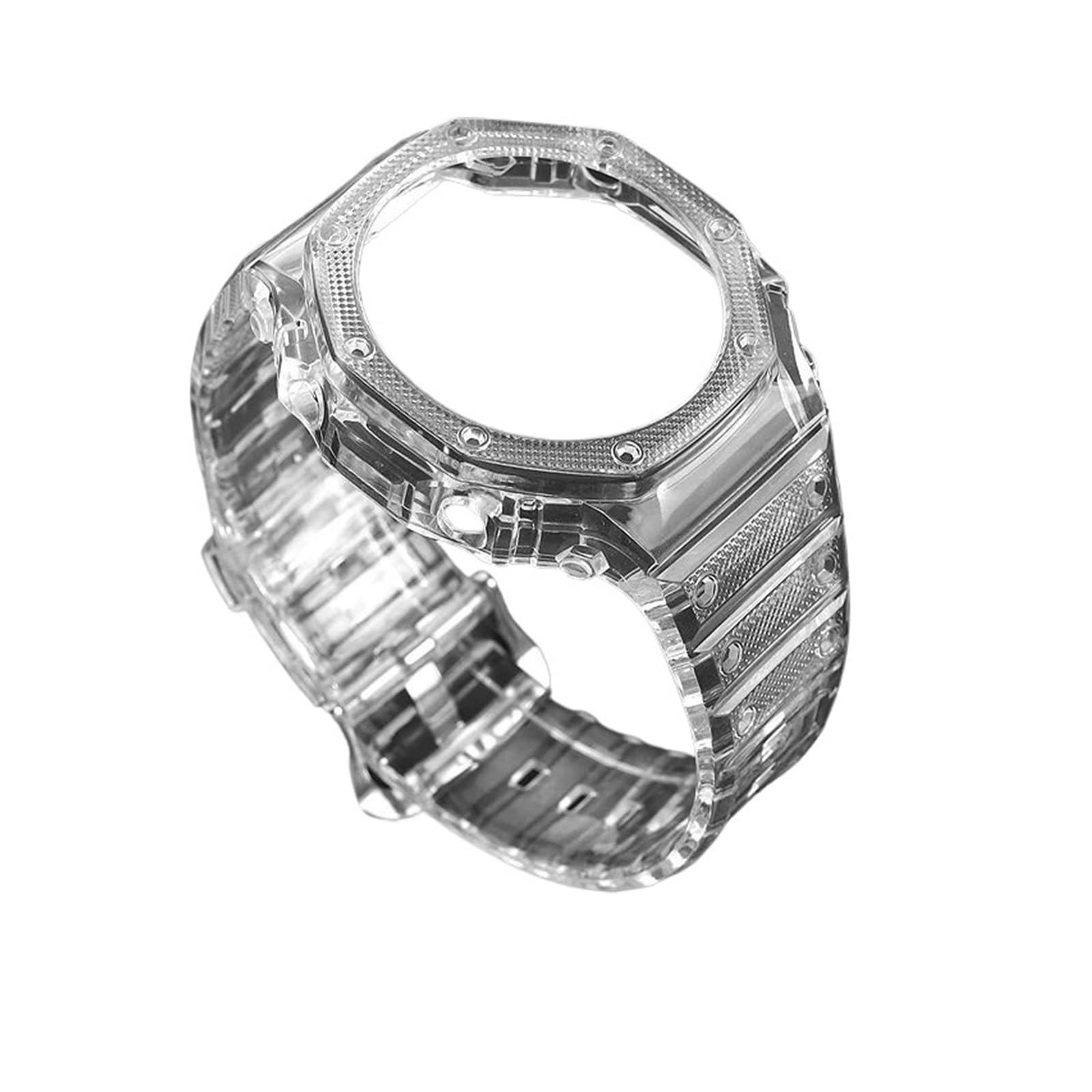 MHYATIO Caja de goma transparente + correa compatible con Casio G-SHOCK GA-2100 Modificación de moda Correa de reloj deportiva con borde de reemplazo de gelatina azul y roja(Transparent)