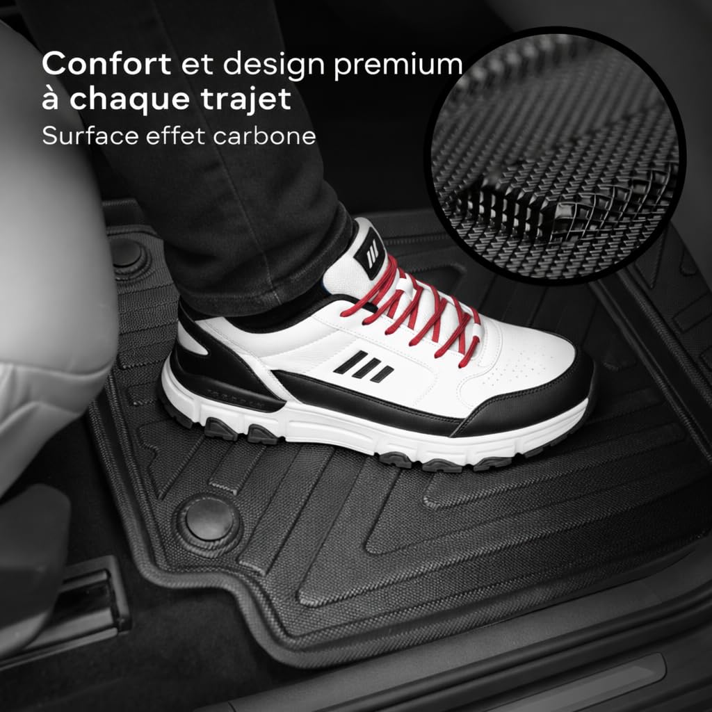Tapis de sol pour Peugeot Rifter 2019-2026 – Tapis de voiture sur mesure en caoutchouc toutes saisons avec aspect fibre de carbone, bord haut en TPE, accessoires imperméables et