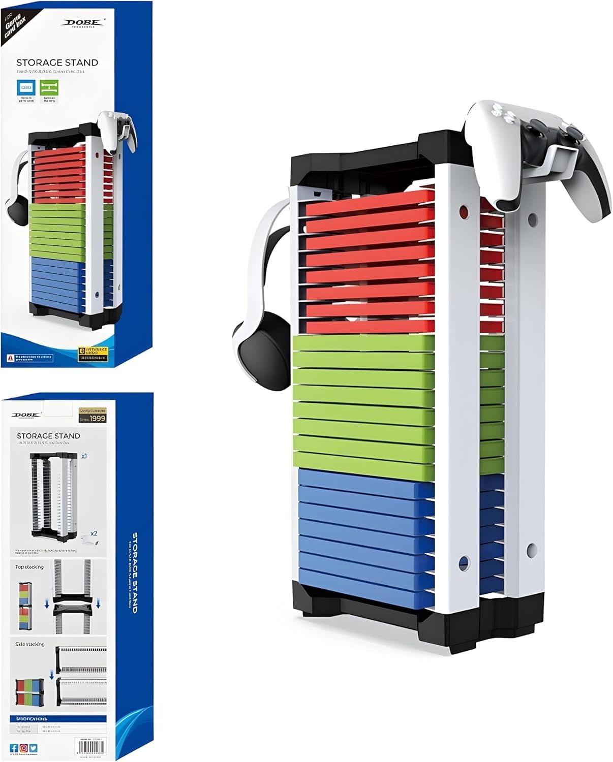 Soporte para discos de juegos, torre de almacenamiento de juegos PS5 con 2 ganchos, 23 discos de CD de juegos, Vertical & Horizontal Estantería Discos, para juegos PS5/Xbox/Nintendo Switch