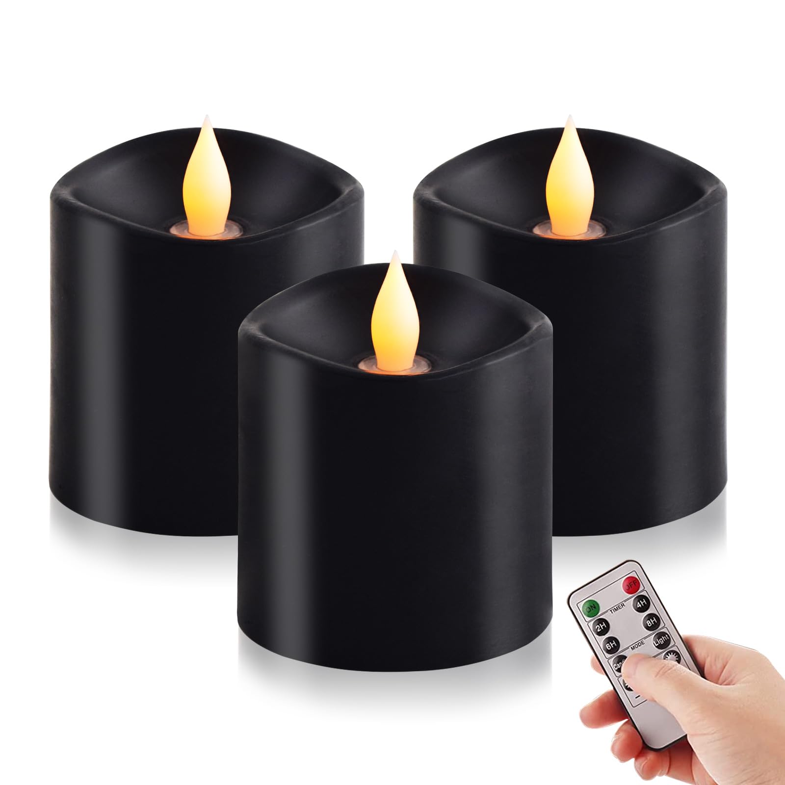 3x3 Flickering Flameless Candles Set of 3, 2AA Battery Life 600 Hours Battery Candles Flickering with Timer, 3 inch Flameless Candles with Remote for Indoor/Outdoor, Black