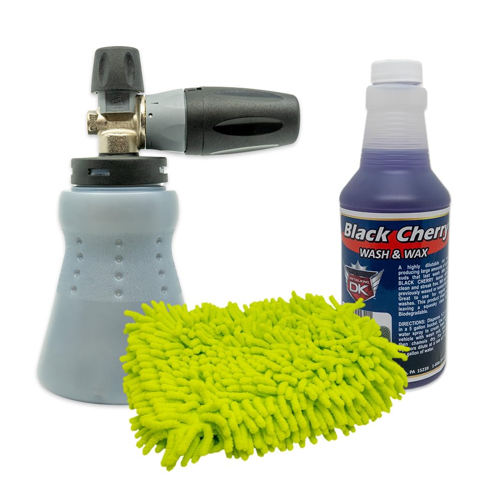 Detail King MTM Hydro PF22.2 Professional Auto Detailer Foam Cannon - Green Chenille Microfiber Mitt - 16oz of Black Cherry Car Wash Soap with Wax