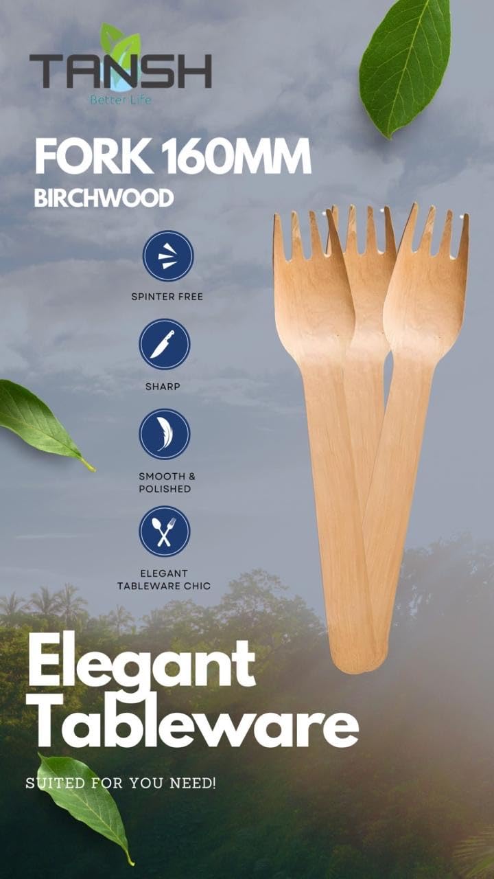 TANSH Compostable Birchwood Fork (100 Count), Biodegradable, Eco-Friendly, Microwave & Oven Safe