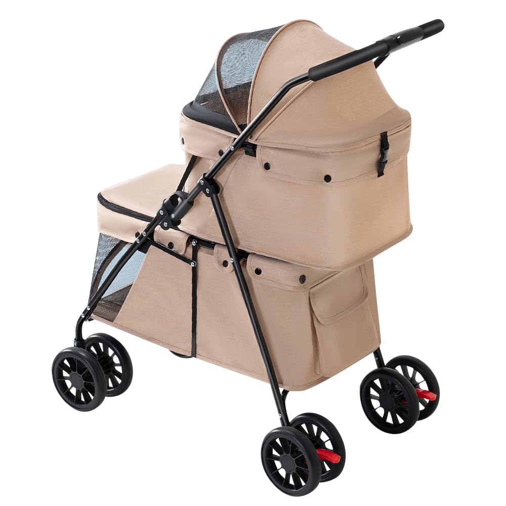 Double Couche Poussette pour Chien Chat Animaux, Animaux Voyage Poussette, Pliable Chien Chat À Quatre Roues Chariot, avec Ventilation et Freins (Marron, 50x67x95 cm/double couche)