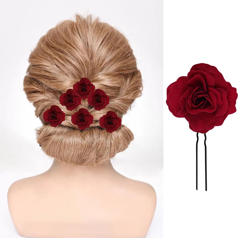 PROUSKY Fermaglio per capelli con rosa rossa, forcina artificiale con fiore rosso per damigelle d'onore, spilla per capelli e forcine per donne, accessori per capelli rosso rosa per Natale, matrimonio