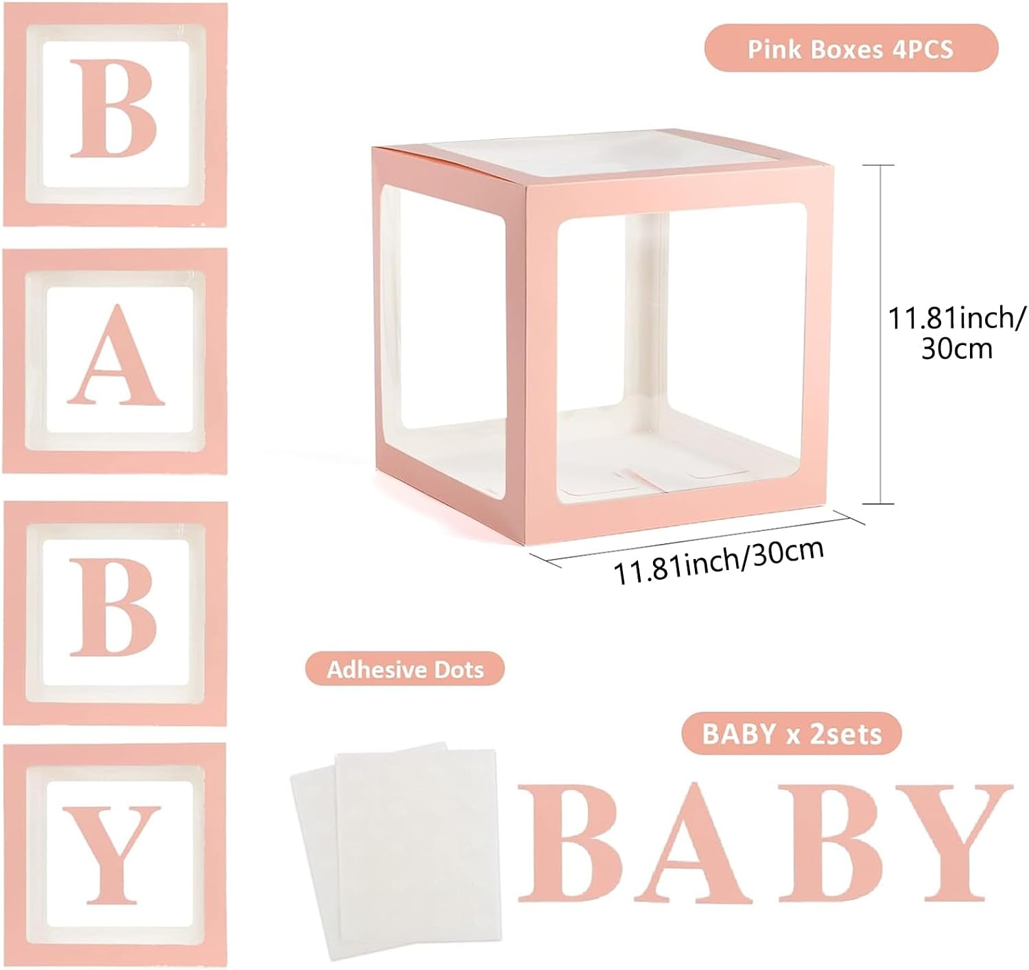 Voircoloria Baby Boxes with Letters, Pink, 4 Transparent Balloon Boxes image 2