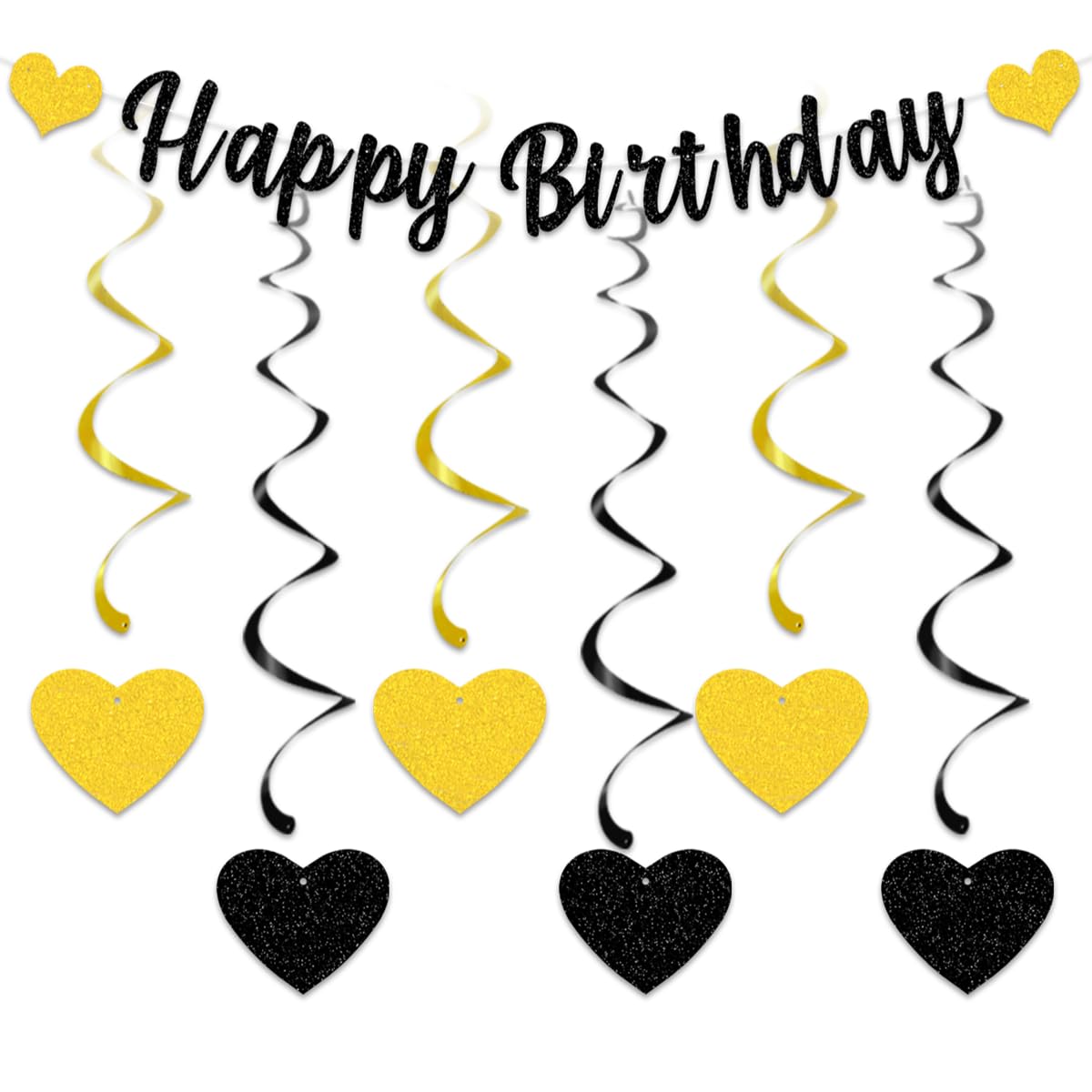 Happy Birthday Banners with 6 Pieces Hanging Swirl Sweet Heart Black Gold Glitter Bunting Banner For Women Girls Birthday Bunting For Birthday Party Decorations Backdrop