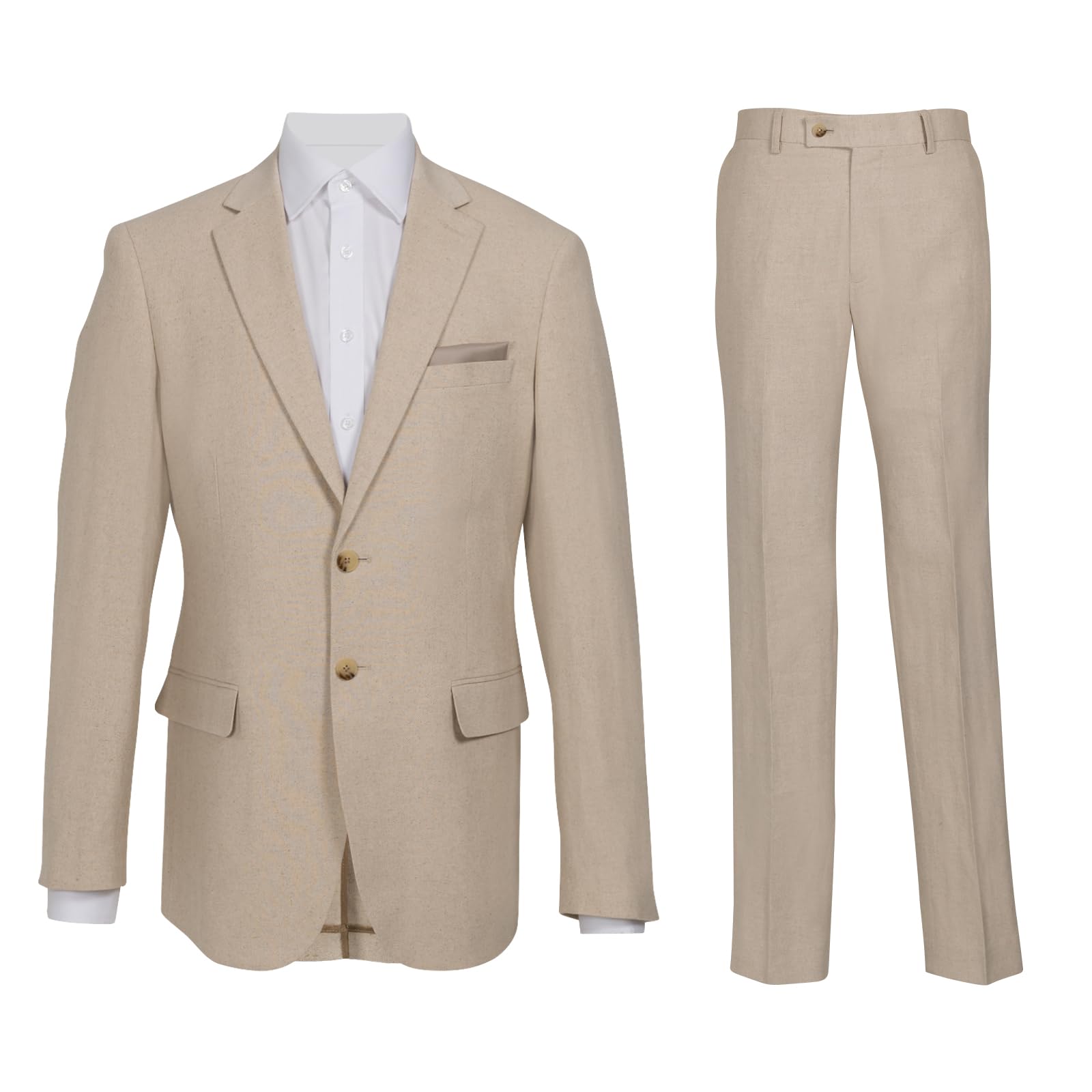 Dobell Mens Oatmeal Linen Herringbone 2 Piece Suit Lightweight Cotton Linen Blend Regular Fit (46R Jacket with 40R Trousers)