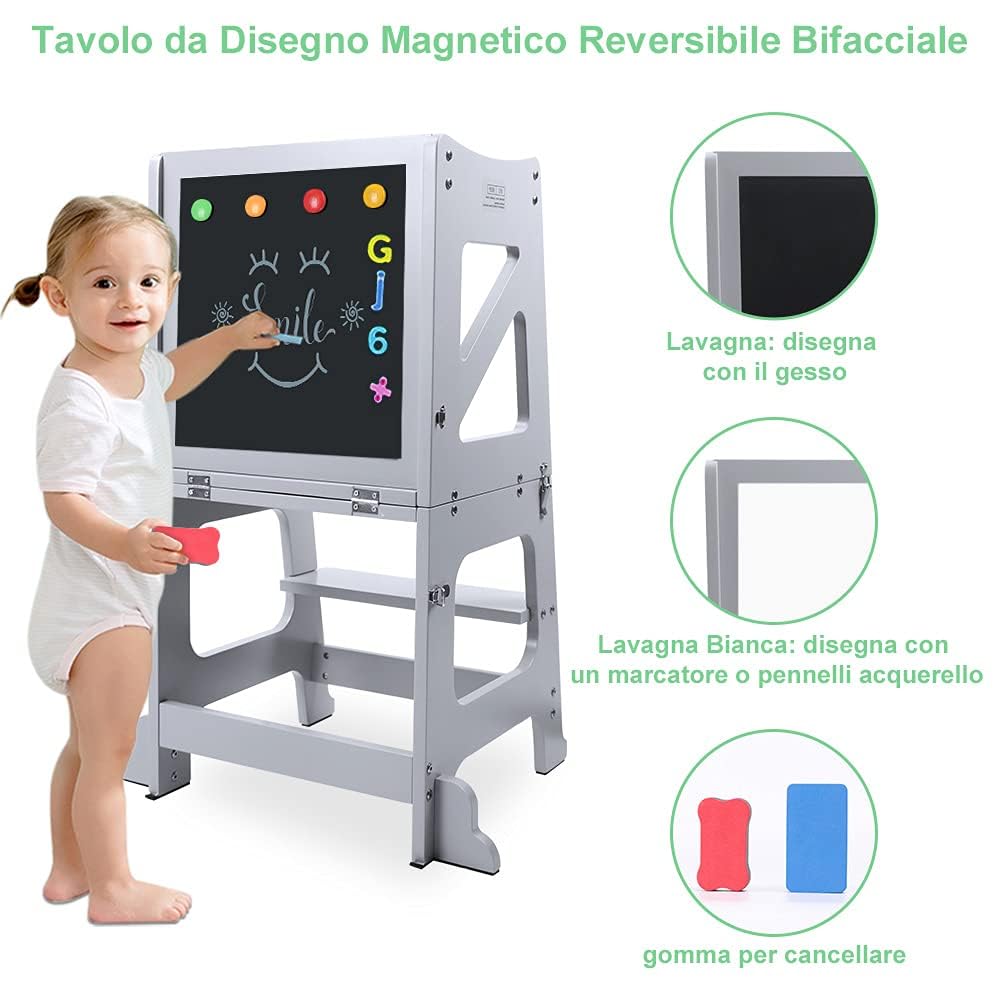 YOLEO Torre Montessoriana Learning Tower Pieghevole, Torre di Apprendimento per Bambini, Pedane Alzabimbo con Lavagna Magnetica Bifacciale, Trasformabile in Banco Scuola (Grigio)