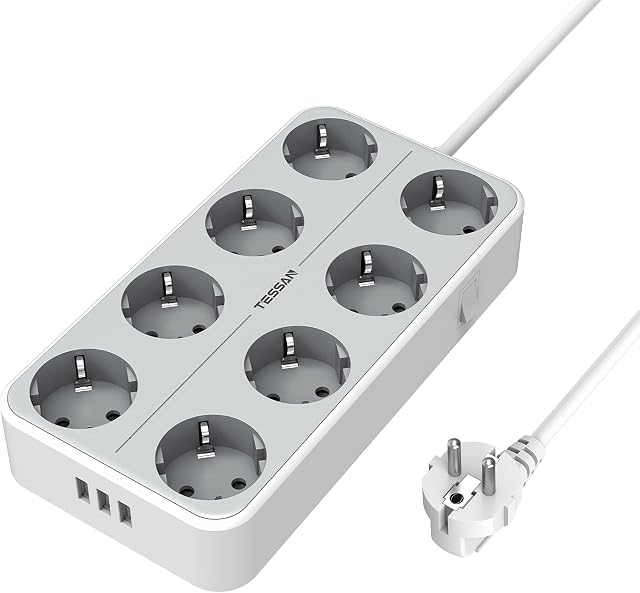 TESSAN Listwa Zasilająca z USB, Gniazdo 8 Krotne, Przedłużacz Listwy 11 w 1, Gniazdo Rozdzielacza z Przełącznikiem, Przedłużacz Wielowtykowy 2m, Listwa Zasilająca 3600W do Biura, Biała