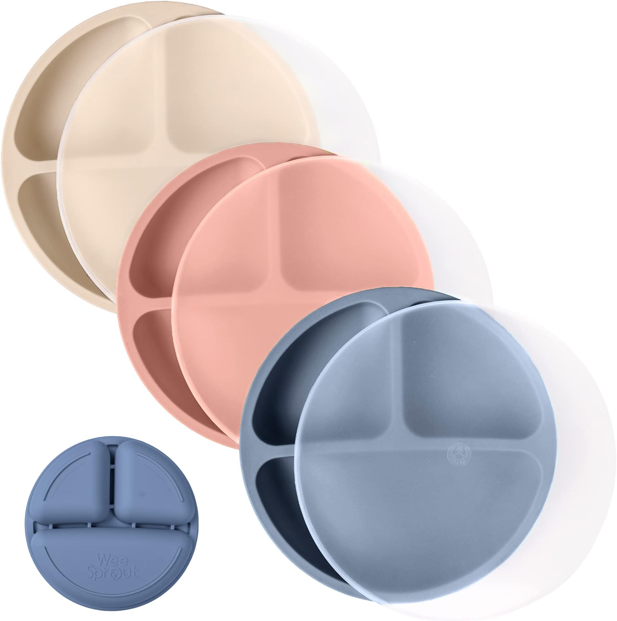 Silicone Plates with Lids for Babies & Toddlers (3 Pack) 100% Food-Grade Dishes for Self Feeding, Divided Design & Raised Edges for Picky Eaters, Dishwasher & Microwave Safe Weaning Supplies