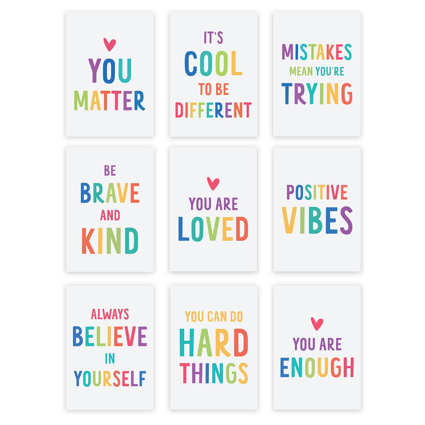 INKOLOGIE Baby Nursery Kids Room Bedroom Motivational Wall Art Decor Prints Posters, Inspirational Quotes Courage Kindness Believe Loved, Rainbow, A4 Size 8.25 x 11.75-inch, 9-Pack, No Frames