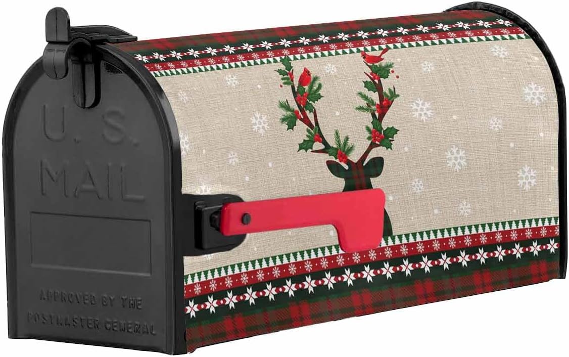 Mailbox Cover Magnetic Mailbox Wraps, Christmas Reindeer Bird Snowflake Red Green Plaid Mailbox Covers Standard Size 18x21 Inch Mail Wrap Post Letter Box Decoration for Outdoor Gardern Yard