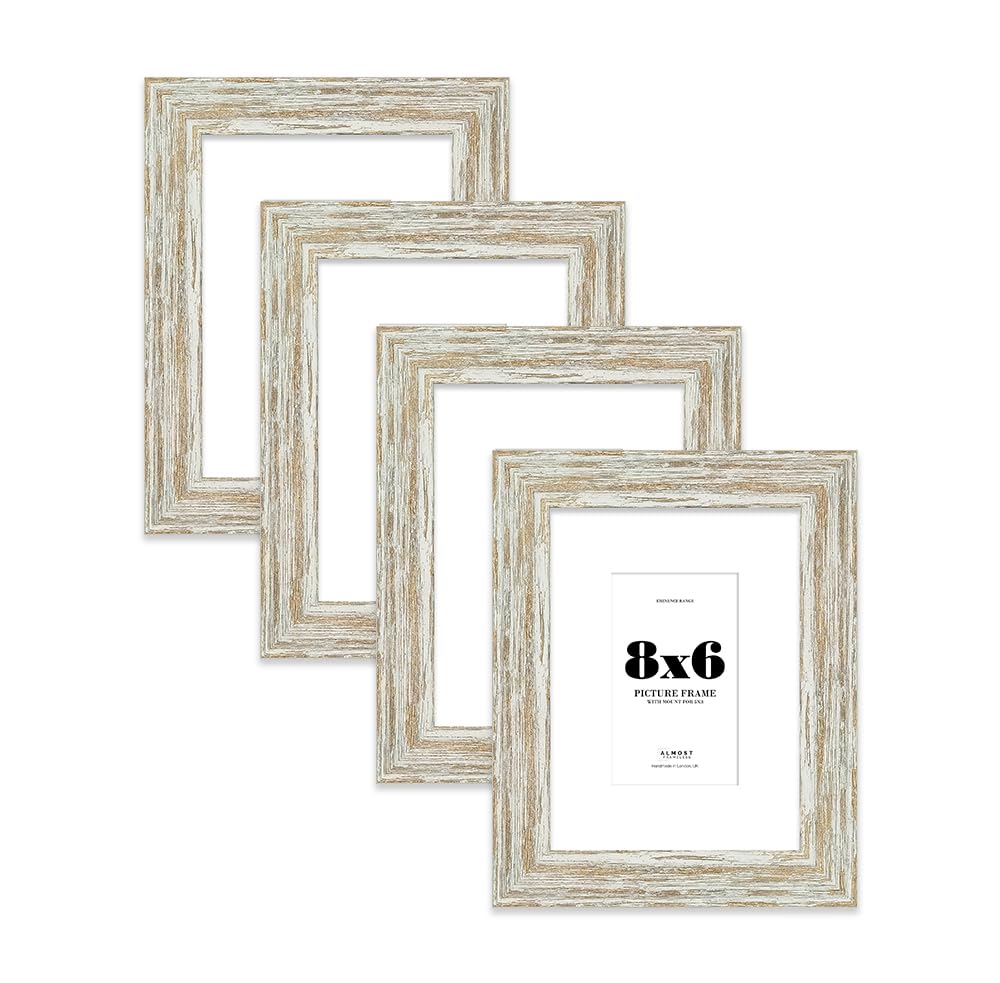 8x6" Distressed White Oak Picture Frame with 5x3" Mount - Reclaimed Wood Style Photo Frame with Distressed Finish, Wall Hooks and Kickstand, 32mm Edge - 4 Pack โ image 1